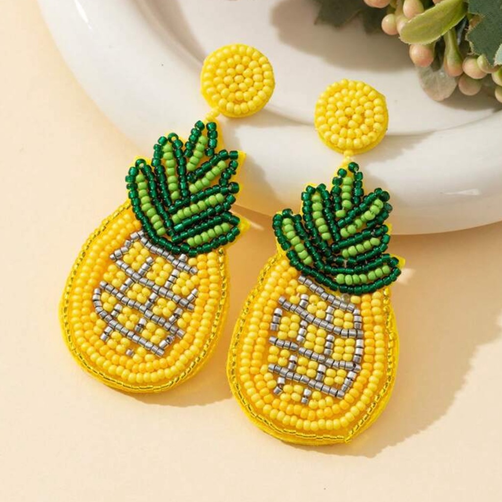 Yellow Beaded Pineapple Earrings Nwt